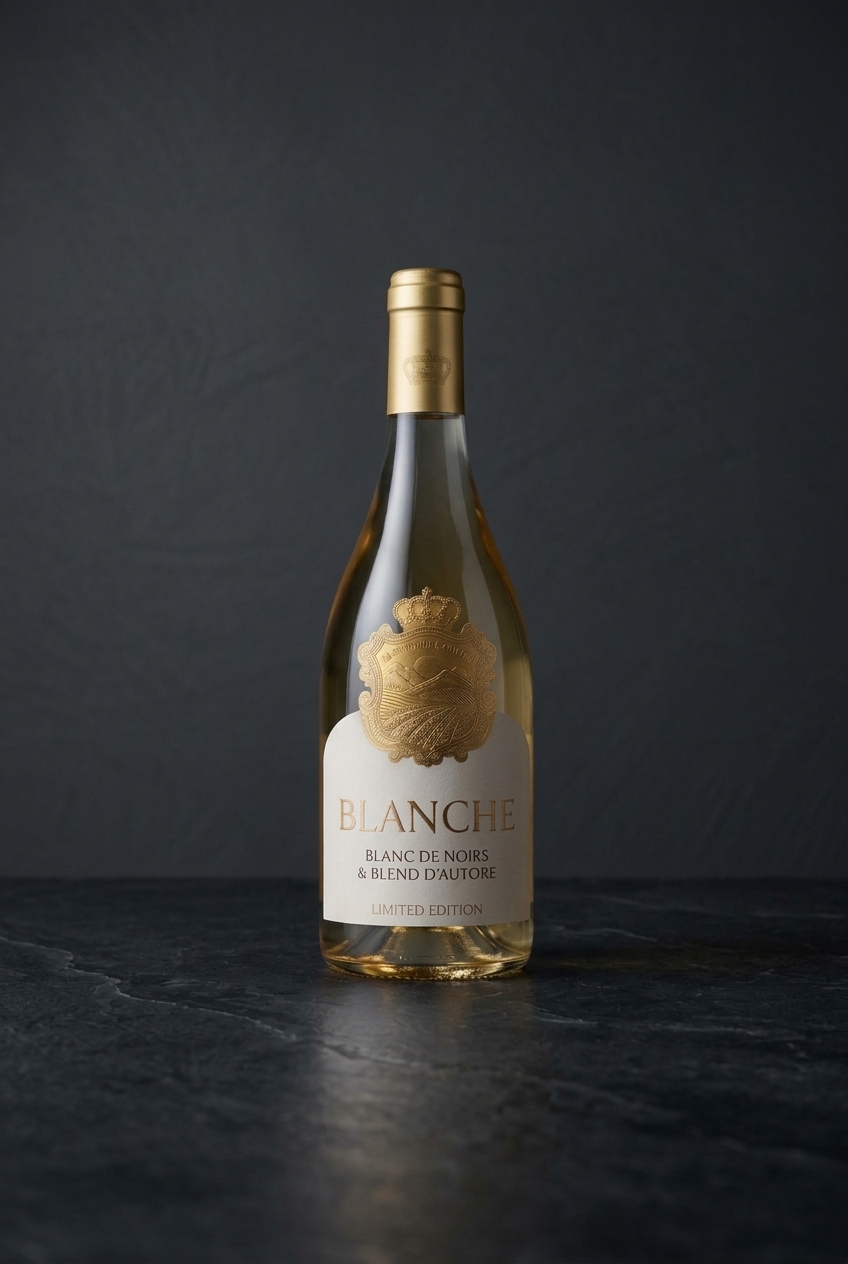 Blanche — Blanc de Noirs & Blend d'Autore, fotografia editoriale su marmo scuro, 1.333 bottiglie numerate