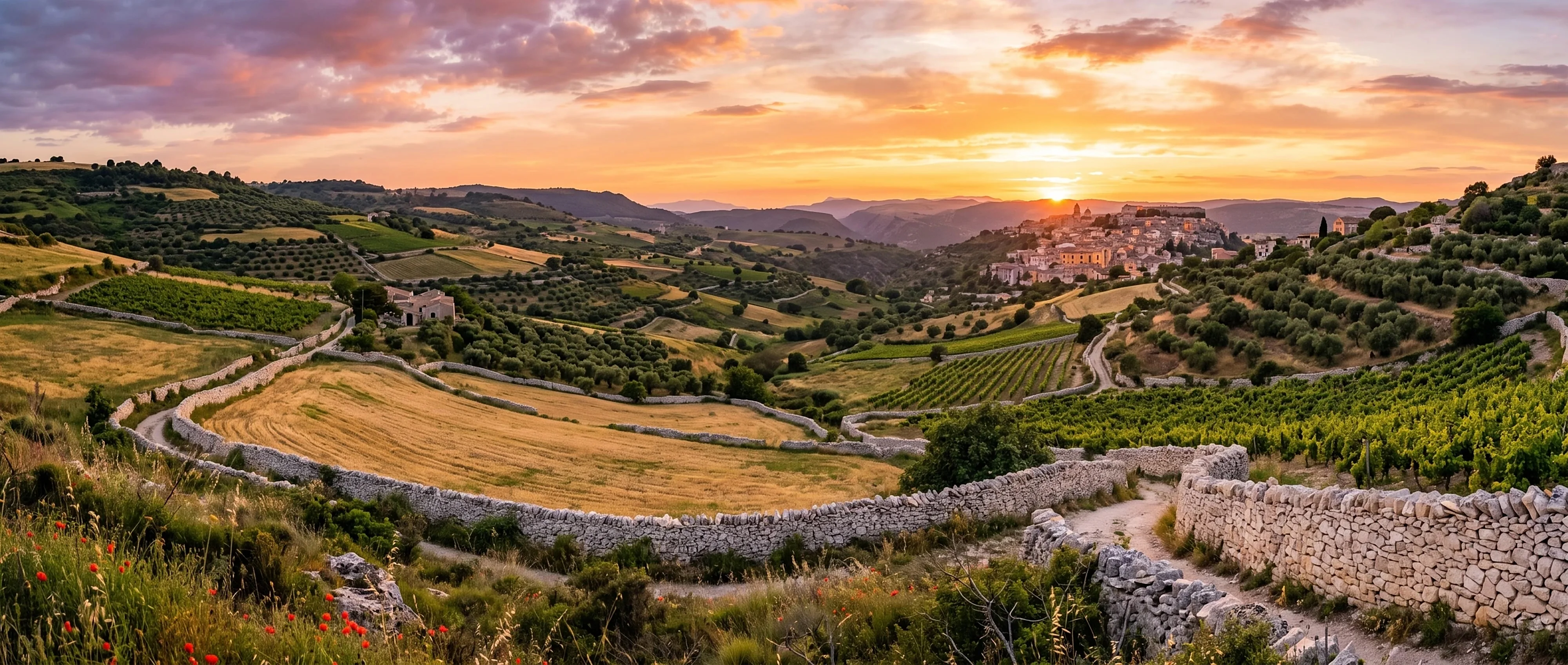 Altopiano Ibleo al tramonto — muretti a secco, vigne e borgo